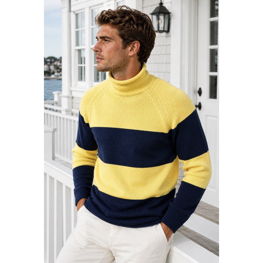 J Crew Sweater Mens M 1988 Rollneck Blue Stripped Cotton Rugby Preppy Coastal - Picture 14 of 15